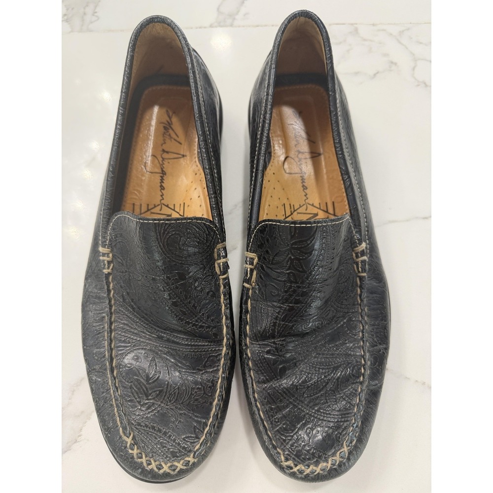 Martin Dingman Shoes Mens Size 10.5 Black Tooled Leather Slip On Loafers Casual